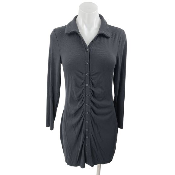 Abercrombie & Fitch Black Ruched Button Up Long Sleeve Mini Polo Sweater Dress M - Picture 1 of 4